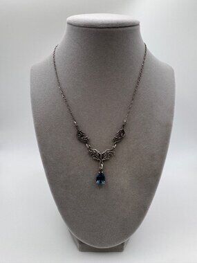 Vintage 925 Blue Topaz Necklace Art Nouveau Style Pear Pendant Signed B